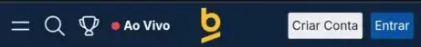 Cabeçalho do site mobile da Betnacional com menu Ao Vivo, logotipo e botões Criar Conta e Entrar
