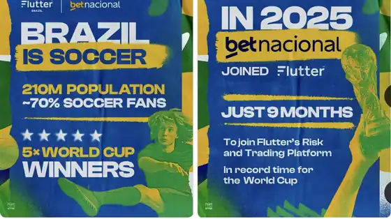 Cartões da publicação da Flutter Brazil: Brasil é futebol, 210 milhões de habitantes e cinco títulos mundiais; em 2025 a Betnacional entrou na Flutter e migrou em nove meses